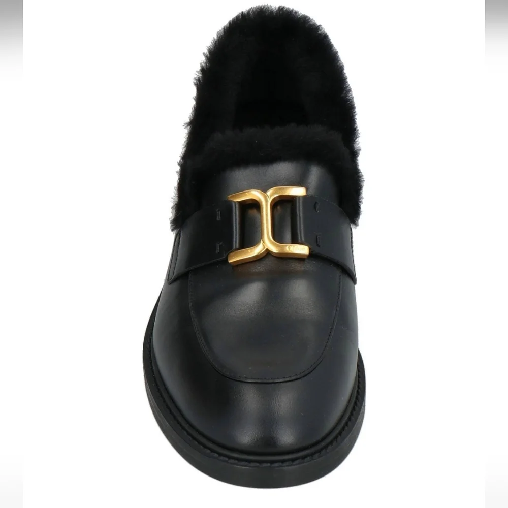 NWT$1,050 Chloé Marcie Black Shearling-Trimmed Leather Marcie Loafers Sz 40 (10)